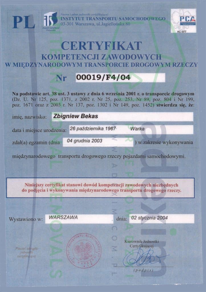 Certyfikat - wyprowadzka za granicę