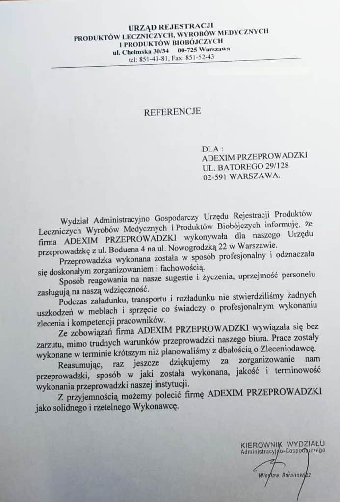 Referencje przeprowadzki Adexim Warszawa