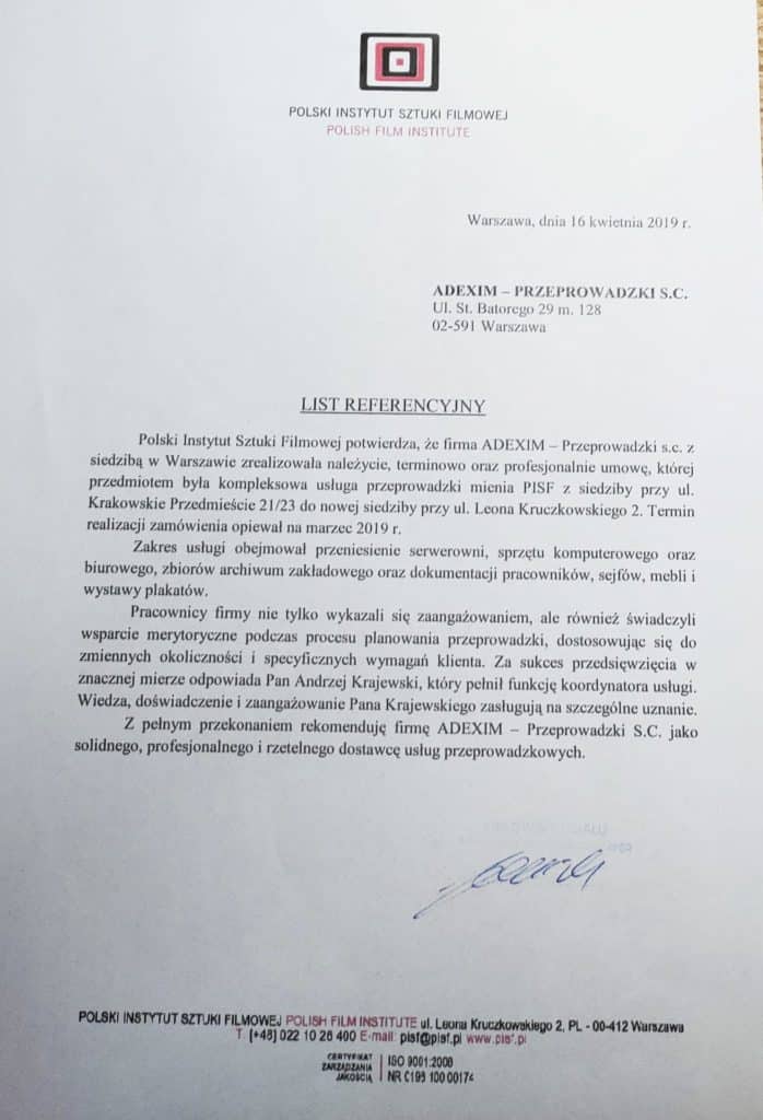 Referencje przeprowadzki Adexim Warszawa